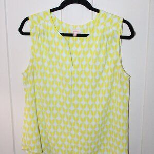 Yellow sleeveless shirt with blue and white teardrop design - L
